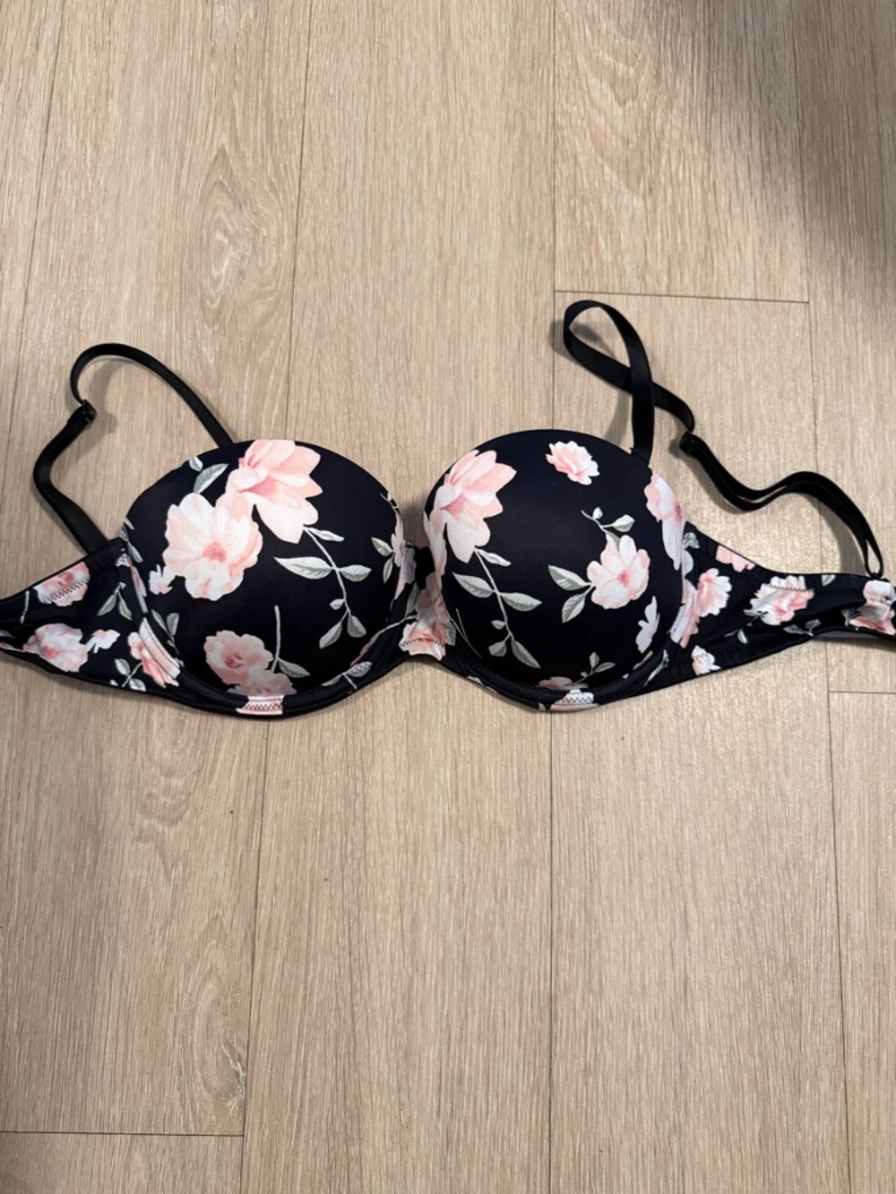 Black Floral Underwire Push-Up Bra with Pink Flowers
